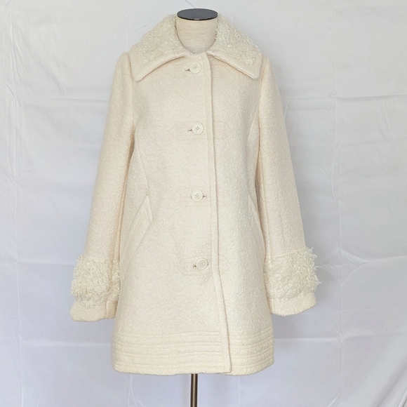 Free People Coat Jacket Wool Blend Sherpa Trim Button Front Lined Ivory L NWT - Picture 1 of 16